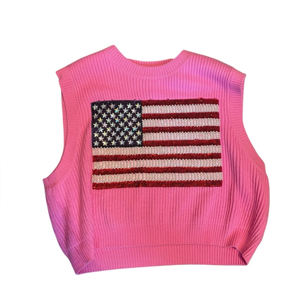 Queen of Sparkles Neon Pink American Flag Sweater Tank XS oversized